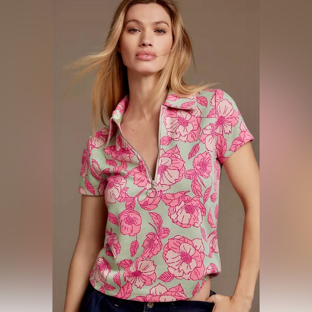 Maeve Anthropologie Pink Floral Knit Half Zip Top Size Small